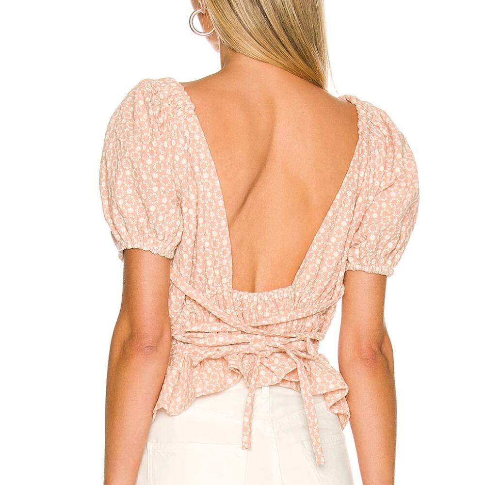 Line & Dot Pink Peasant Top MEDIUM Cottage Embroidered Backless Puff Sleeve NEW